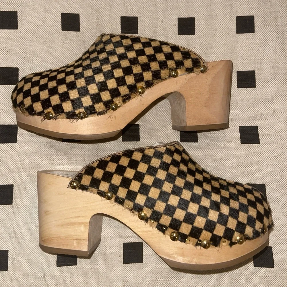 Sabot YouYou Checkered Calf Hair Handmade Clog Heels - Picture 2 of 8